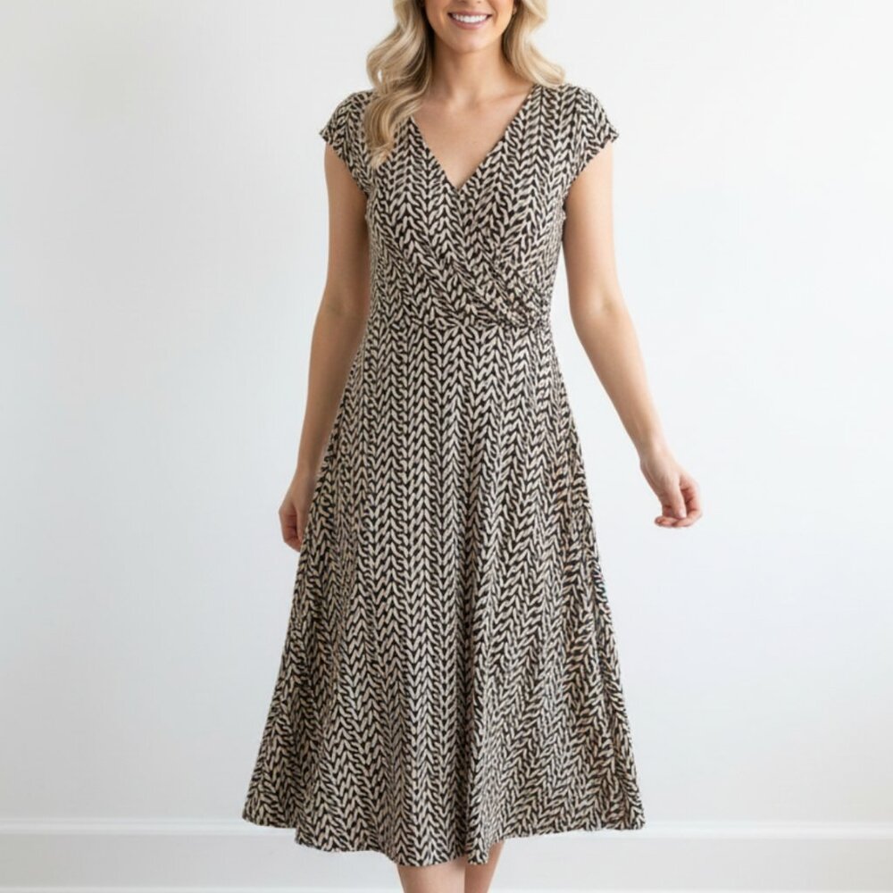 London Times Brown & White Jersey Knit Midi Dress – Size 8 – Stretch Wrap Style